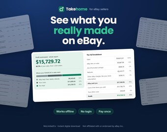 Calculadora de ganancias y rastreador de ventas de eBay para revendedores, alternativa a la hoja de cálculo, ganancia real después de comisiones, etiquetas y reembolsos.