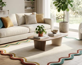 Tapete tufado à mão com borda ondulada, tapete moderno e luxuoso para sala de estar, tapete de design contemporâneo, tapete de lã macio.