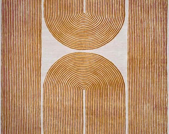 Modern Mustard Abstract Rug, Hand Tufted Wool Area Rug, Minimalist Living Room Rug, Scandinavian Geometric Carpet