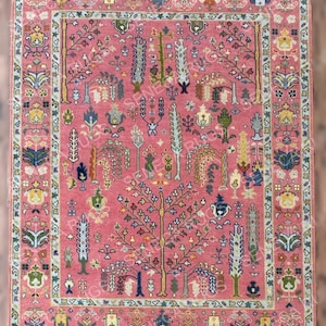 Hand-Knotted Wool Oushak Rug – 9x12 Coral Pink Tree of Life Carpet