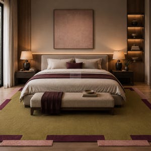 May include: A bedroom interior featuring a large bed with neutral bedding and a burgundy runner. A bench sits at the foot of the bed, and a green and burgundy rug covers the floor. Two bedside tables with lamps flank the bed.