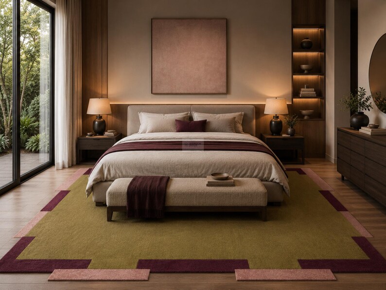 May include: A bedroom interior featuring a large bed with neutral bedding and a burgundy runner. A bench sits at the foot of the bed, and a green and burgundy rug covers the floor. Two bedside tables with lamps flank the bed.