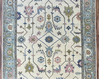 Ivory Oushak Rug Hand Knotted Wool Area Rug, Neutral Botanical Turkish Rug for Living Room Bedroom