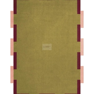 May include: A rectangular rug with a central olive green field, framed by a border of alternating burgundy and light pink rectangular blocks. The rug has a simple, geometric design.