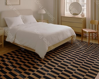 Black and Tan Geometric Area Rug, Contemporary Checkerboard Floor Carpet, Neutral Bedroom Rug, Minimalist Boho Home Decor, Living Room Rug