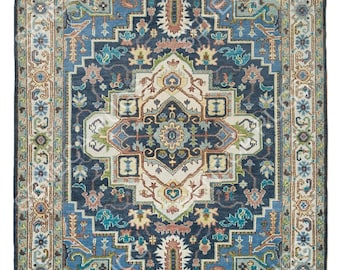 Blue Traditional Rug, Vintage Persian Style Area Rug, Oriental Medallion Carpet, Floral Rug, Antique Look Living Room Rug, Bedroom Decor