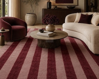 Hand Tufted Wool Striped Rug, Burgundy & Blush Pink Modern Luxury Living Room Rug, Contemporary Designer Carpet, Plush Wool Area Rug