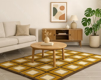 Handmade Mustard Yellow Wool Rug | Geometric Mid-Century Modern Carpet