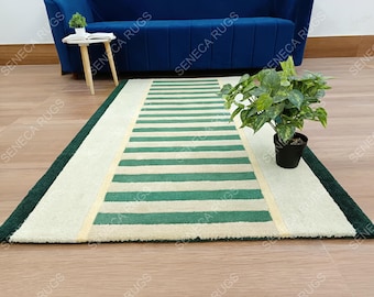 Handmade Green Striped Area Rug, Modern Wool Runner Rug, Contemporary Border Carpet, Minimalist Hallway Rug, Living Room Rug, Bedroom Rug