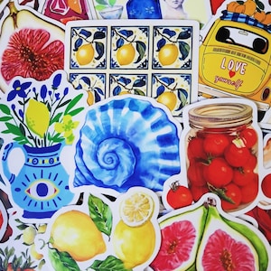 Mediterranean Vinyl Aesthetic Sticker Pack Summer Vacation Lemon Tomato Food Kitchen Fruits Tiles Mediterranean Life Style Laptop Sticker