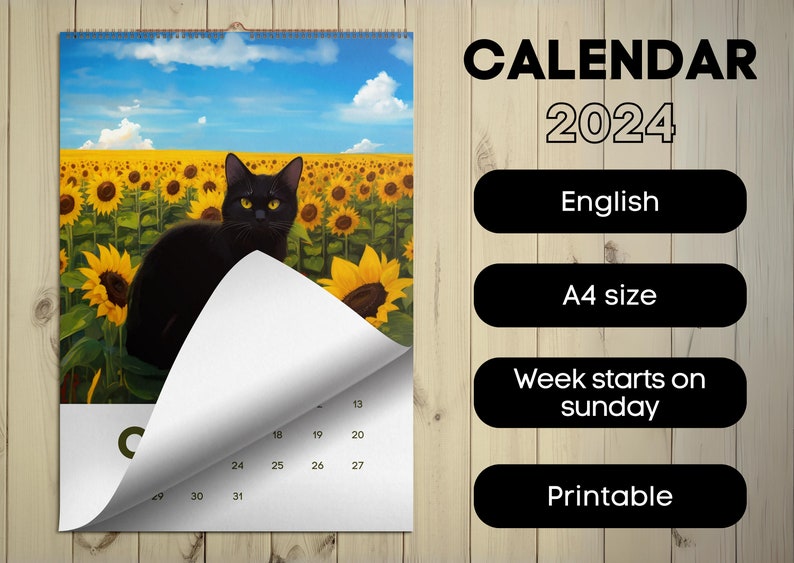 2024 Black Cats Calendar Printable A4 Monthly Calendar 2024 Sunday