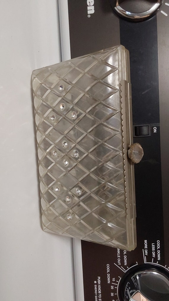 Vintage clear plastic clutch purse with 12 faux di