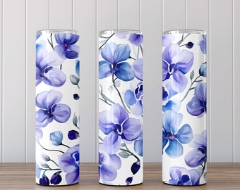 Fioletowe orchidee, niebieskie kwiaty, sublimacja, 20-uncjowy, chudy kubek, natychmiastowe pobranie cyfrowe, proste i stożkowe opakowanie na kubek