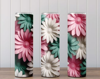3D-sublimering av vita gröna och rosa prästkragar, 20 oz smal tumblerdesign, omedelbar digital nedladdning, rak och avsmalnande tumblerwrap