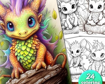 24 Baby Woodland Dragon Fantasy Coloring Page Book, Adults and kids, Instant Download Coloring Page, Printable PDF, Dragons coloring