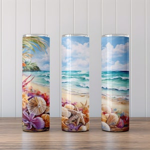 Tropical, Beach, Seashells, Flowers Sublimation, 20 oz Skinny Tumbler Design, Instant Digital Download, Straight & Tapered Tumbler Wrap