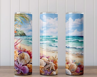May include: Three stainless steel tumblers with a beach scene and seashells. The tumblers are clear and have a white background with a blue sky and ocean. The seashells are in shades of brown, white, and pink.