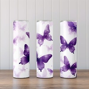 Sublimación de purpurina de mariposas moradas, diseño de vaso delgado de 20 oz, descarga digital instantánea, envoltura de vaso recto y cónico