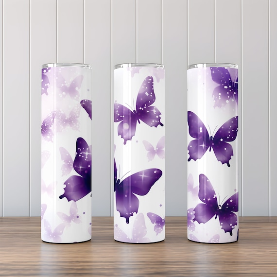 Purple Butterflies Glitter Sublimation, 20 oz Skinny Tumbler Design, Instant Digital Download, Straight & Tapered Tumbler Wrap