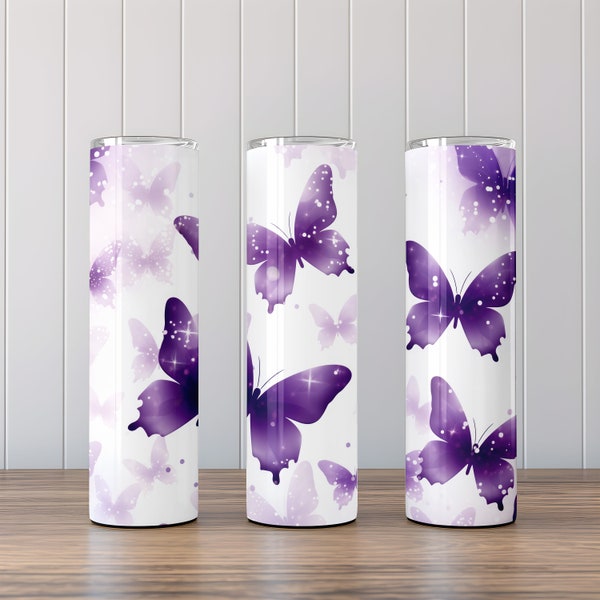 Purple Butterflies Glitter Sublimation, 20 oz Skinny Tumbler Design, Instant Digital Download, Straight & Tapered Tumbler Wrap