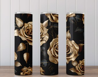 Sublimación de rosas de oro negro, diseño de vaso delgado de 20 oz, descarga digital instantánea, envoltura de vaso recto y cónico