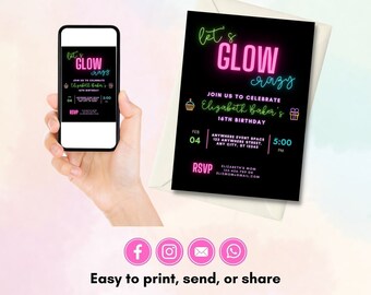 Let's Glow Crazy Birthday Invitation, Glow Invitation, Editable Invitation, Birthday Invitation Template, Neon Party Invitation