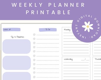 Weekly Printable Planner, Instant Download Planner, Undated Planner, ADHD Planner, Productivity Planner, Horizontal Weekly Planner