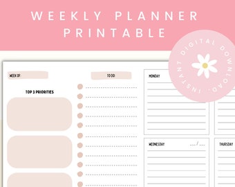 Weekly Printable Planner, Instant Download Planner, Undated Planner, ADHD Planner, Productivity Planner, Horizontal Weekly Planner
