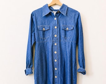 Vestido camisero vaquero vintage talla 14 Robbie Bee, con botones delanteros, 100% algodón, manga larga, estilo casual de los 90 para mujer, estilo americano.