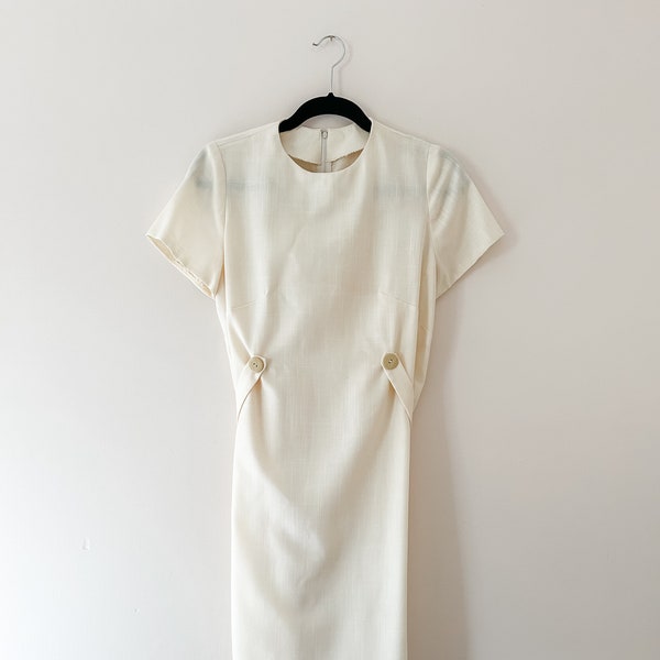 Neutral Vintage A-line Dress Ivory Casual Vintage Dress with Buttons Vintage Office Wear Simple Vintage Dress Handmade Vintage Dress Costume