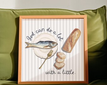 Arte mural cristiano para la cocina, ideal para el comedor. Póster de peces y panes. Jesús alimenta a 5000 personas. Decoración de cocina estilo cabaña costera.