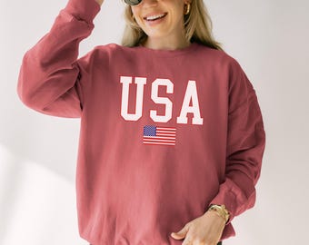 Sudadera de cuello redondo de EE. UU., camisa patriótica estadounidense Comfort Colors para mujer, conjunto conmemorativo del Día de la Independencia del 4 de julio, ligera para verano.