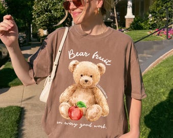 Christian Teacher Shirt Bear Fruit Graphic Tee Bible Verse Colossians 1:10 Scripture Design Teddy Bear Shirt Back to School Outfit Christian