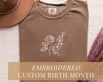 Embroidered Birth Month Flower Shirt: Custom Comfort Colors Tee