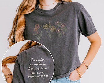 Camiseta cristiana con estampado de flores silvestres, camiseta holgada con versículo bíblico, ropa con estampado de Eclesiastés, top corto, atuendo minimalista para la iglesia.