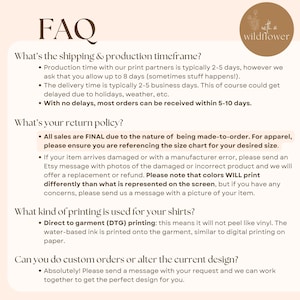 May include: A beige graphic with the word "FAQ" at the top. The text provides information on shipping, returns, and printing methods. A floral logo is in the upper right corner. The text is in a sans-serif font.