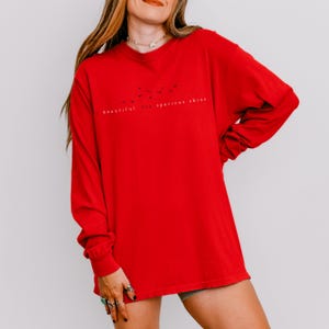 K&ouml;nnte beinhalten: Rotes Langarmshirt mit einem wei&szlig;en grafischen Aufdruck von fliegenden V&ouml;geln und dem Text "so beautiful, for spacious skies".