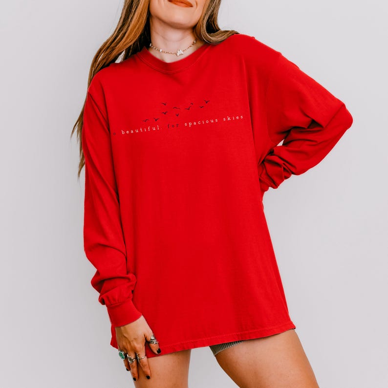 K&ouml;nnte beinhalten: Rotes Langarmshirt mit einem wei&szlig;en grafischen Aufdruck von fliegenden V&ouml;geln und dem Text "so beautiful, for spacious skies".