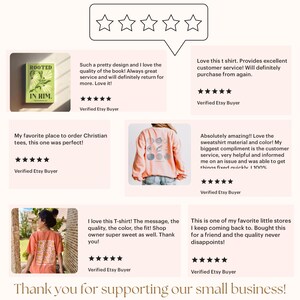 Pu&ograve; includere: Cinque recensioni dei clienti per una piccola azienda che si concentra su abbigliamento e libri a tema cristiano. Le recensioni sono tutte positive e includono cinque stelle. Le recensioni evidenziano la qualit&agrave; dei prodotti, il servizio clienti e l'esperienza generale. Le recensioni sono visualizzate su uno sfondo rosa con un bordo bianco.