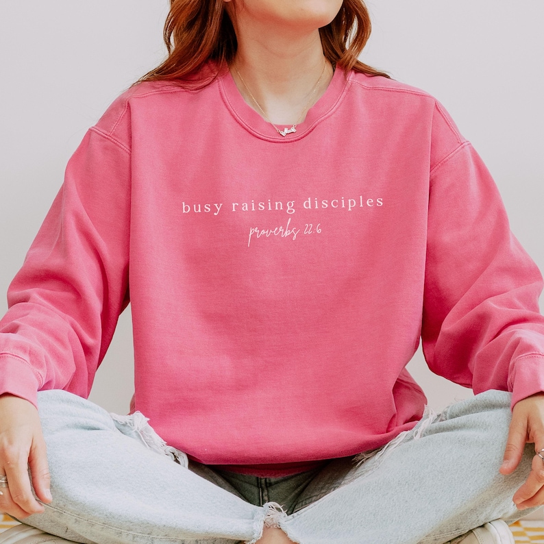 May include: A pink sweatshirt with the text "busy raising disciples Proverbs 22:6" in white.