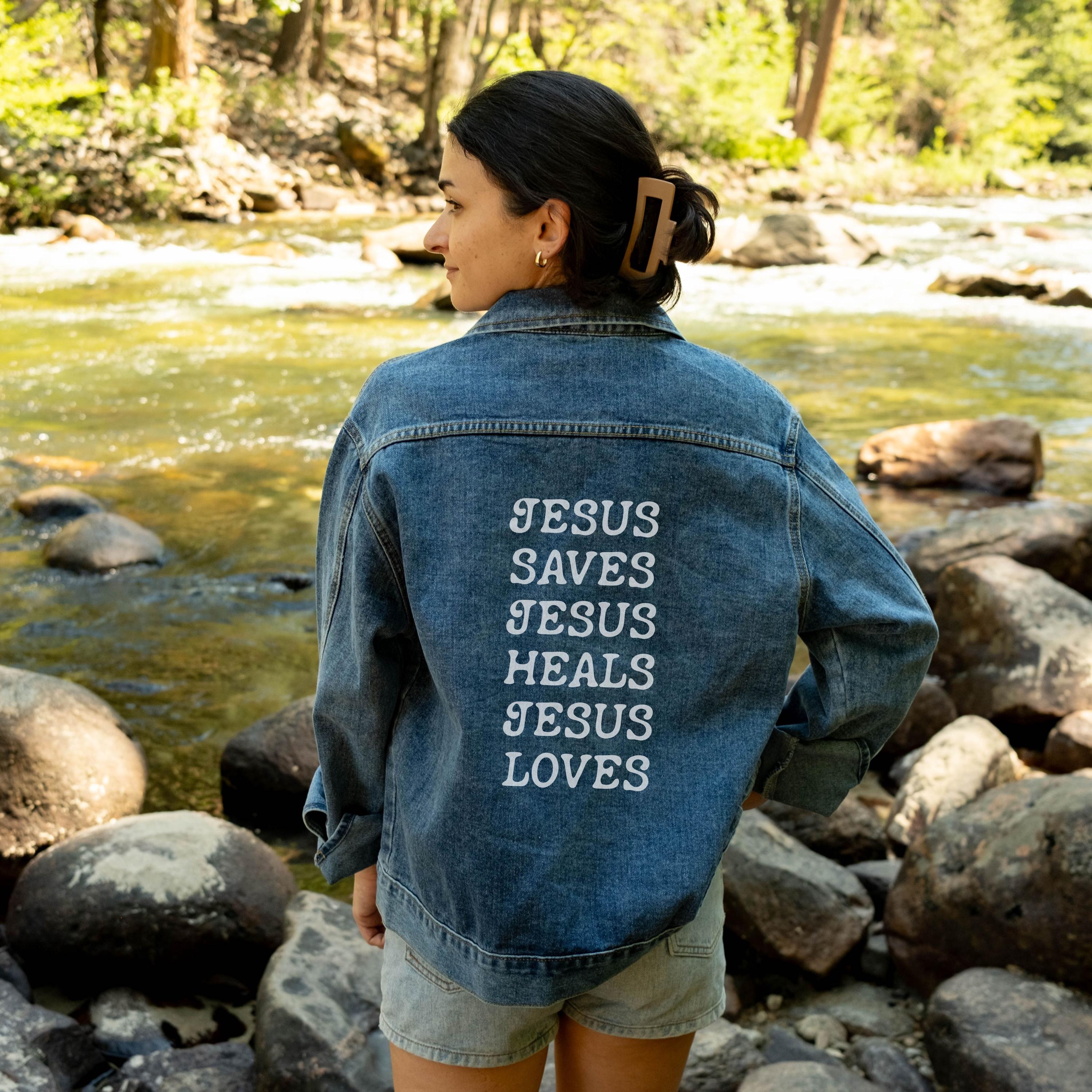 Christian Denim Jacket | Jesus Saves Jesus Heals Jesus Loves Jean ...