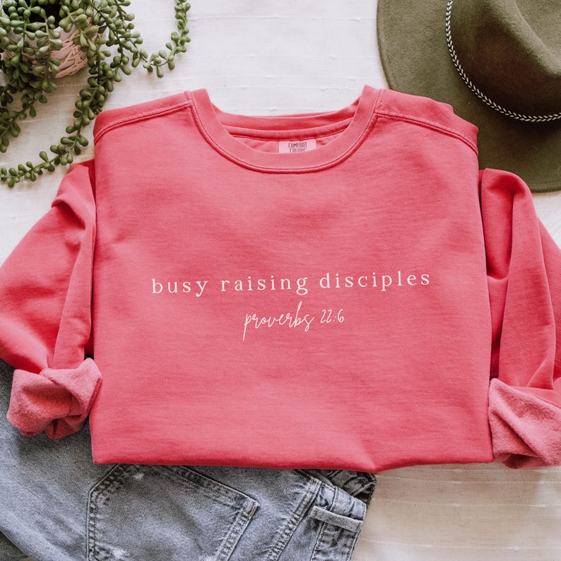 May include: A pink sweatshirt with the text "busy raising disciples" and "Proverbs 22:6" in white lettering.