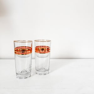 MCM Rose and Gold Stripe Highball Glasses - A Pair | Vintage MCM Barware Vintage Cocktail Glasses Mid Century Glassware Pasabahce