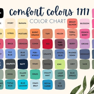 May include: A color chart with 48 different color swatches, labeled with names like "Black", "White", "Ivory", "Banana", "Butter", "Citrus", "Mustard", "Burnt Orange", "Yam", "Melon", "Terra-Cotta", "Crunch Berry", "Water-Melon", "Chili", "Brick", "Crimson", "Cumin", "Red", "Vine-Yard", "Berry", "Orchid", "Grape", "Violet", "Flo Blue", "Blue Jean", "Peri-Winkle", "Granite", "Mystic Blue", "Washed Denim", "Midnight", "Denim", "True Navy", "Graphite", "Navy", "Khaki", "Pepper", "Kiwi", "Grey", "Sage", "Hemp", "Bay", "Moss", "Island Reef", "Grass", "Chalky Mint", "Light Green", "Blue Spruce", "Seafoam Green", "Topaz Blue", "Blue Lagoon", "Cham-Bray", "Royal Caribe", "Ice Blue", and "Peony".