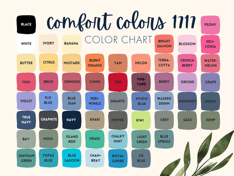 May include: A color chart with 48 different color swatches, labeled with names like "Black", "White", "Ivory", "Banana", "Butter", "Citrus", "Mustard", "Burnt Orange", "Yam", "Melon", "Terra-Cotta", "Crunch Berry", "Water-Melon", "Chili", "Brick", "Crimson", "Cumin", "Red", "Vine-Yard", "Berry", "Orchid", "Grape", "Violet", "Flo Blue", "Blue Jean", "Peri-Winkle", "Granite", "Mystic Blue", "Washed Denim", "Midnight", "Denim", "True Navy", "Graphite", "Navy", "Khaki", "Pepper", "Kiwi", "Grey", "Sage", "Hemp", "Bay", "Moss", "Island Reef", "Grass", "Chalky Mint", "Light Green", "Blue Spruce", "Seafoam Green", "Topaz Blue", "Blue Lagoon", "Cham-Bray", "Royal Caribe", "Ice Blue", and "Peony".