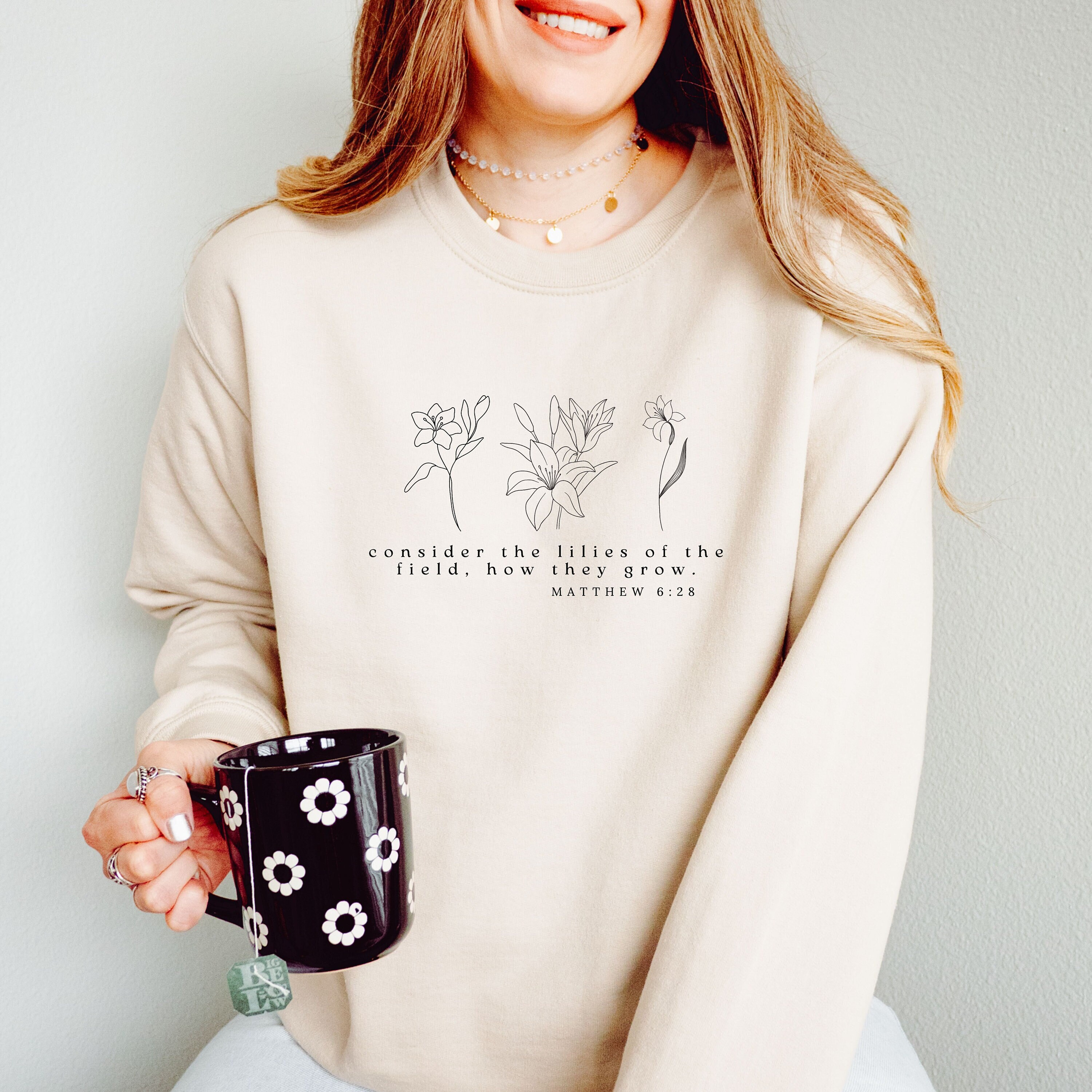 Consider the Lilies Matthew 6:28 Bible Verse Sweatshirt Boho Christian Sweatshirt