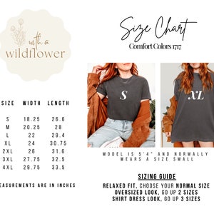 May include: Size chart for t-shirts with measurements in inches. The chart shows width and length measurements for sizes S through 4XL. The model is 5'4" and normally wears a size small. Sizing guide: Relaxed fit, choose your normal size. Oversized look, go up 2 sizes. Shirt dress look, go up 3 sizes.