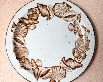 Vintage Dinner Plate Brown Transferware English Stoneware Serving Dish Seashell Pattern Coastal Cottage Wall Display Stonehenge Midwinter