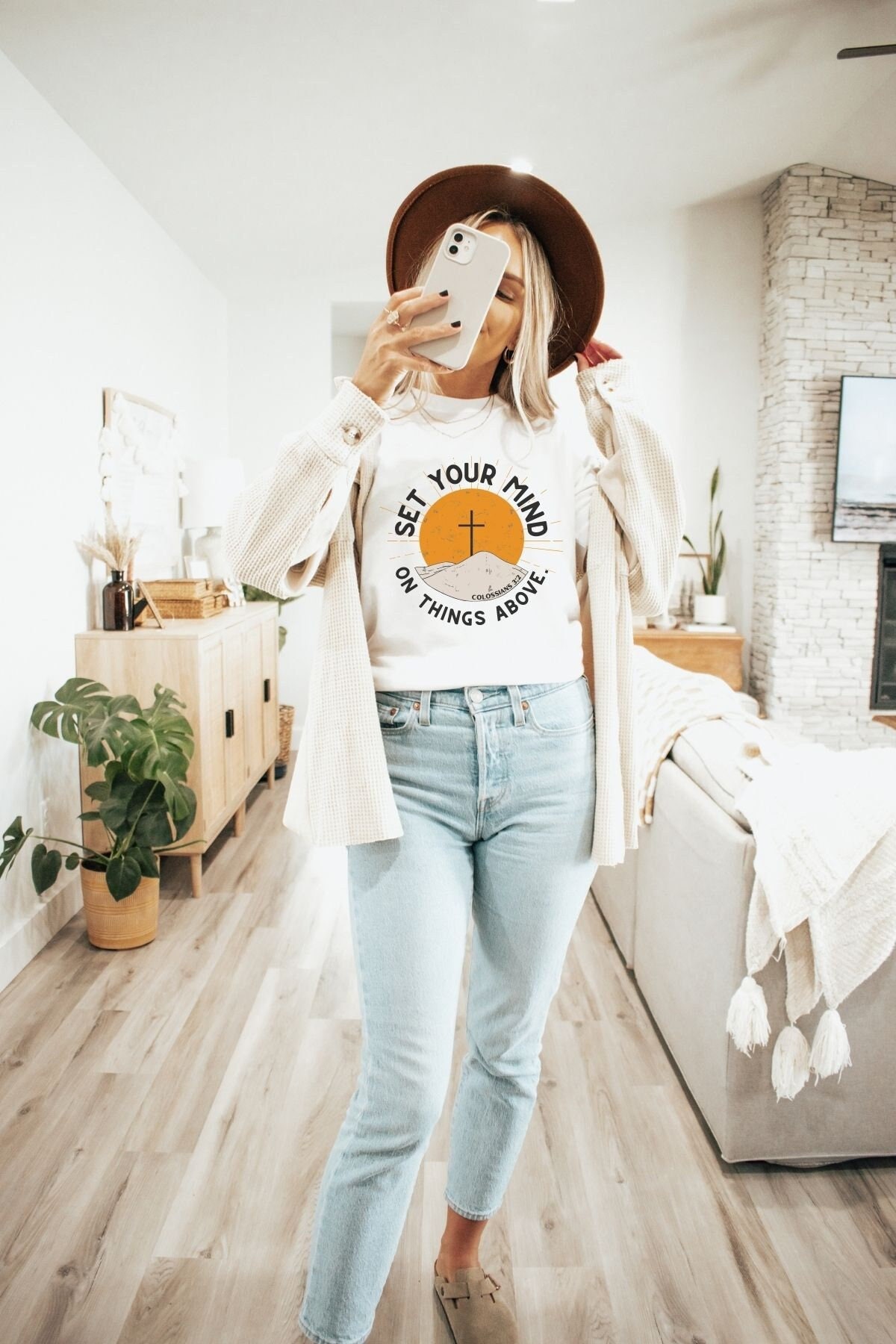 Boho Christian Shirt, Set Your Mind on Things Above Colossians 3:2 Bible Verse Tshirt Christian Concert Tees