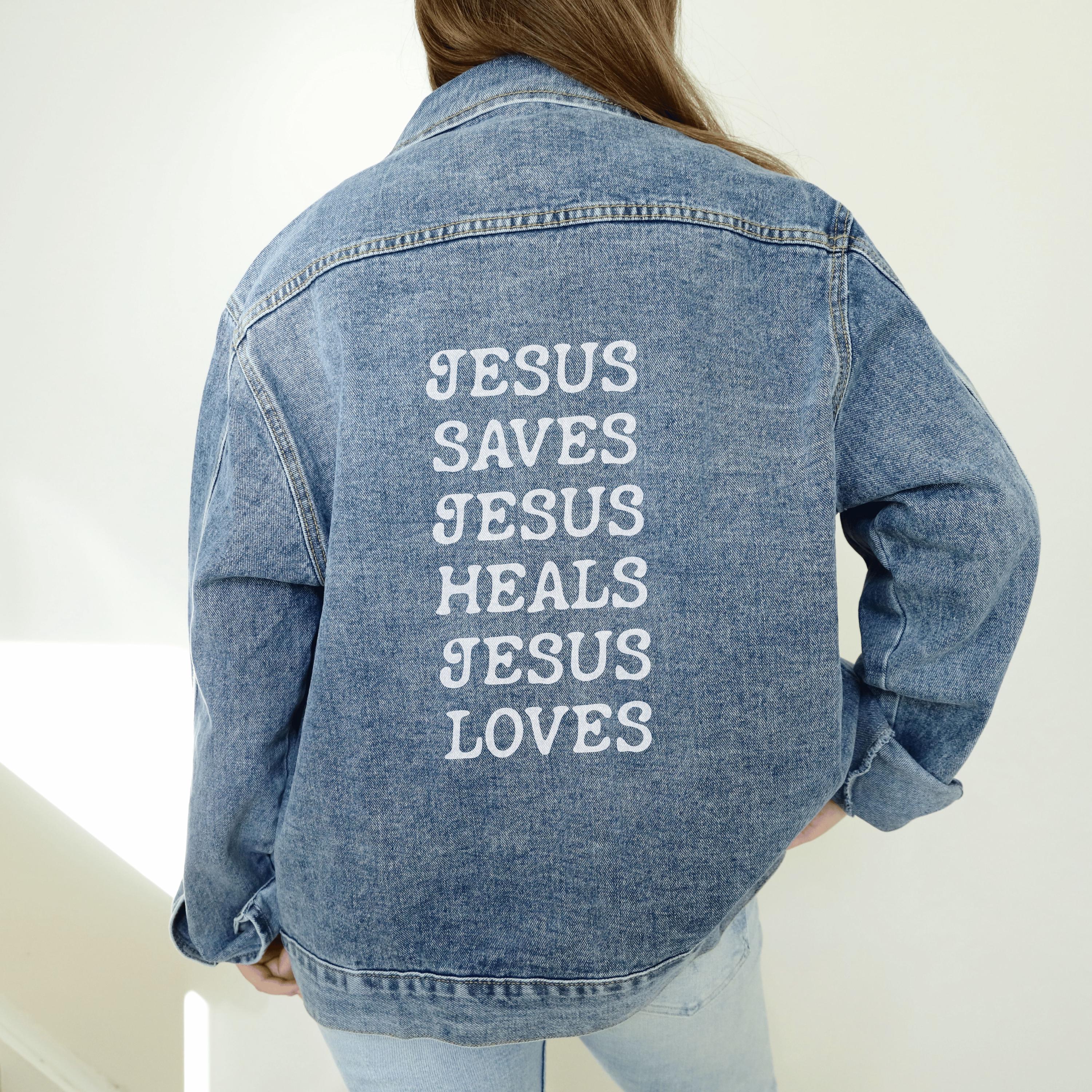Christian Denim Jacket | Jesus Saves Jesus Heals Jesus Loves Jean ...